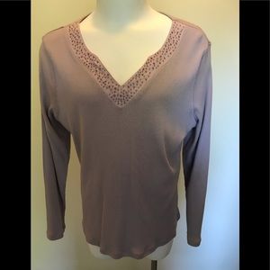 Dusty Lavender Mini Ribbed Long Sleeve Top w Iridescent Beading on V-Neck, NWT